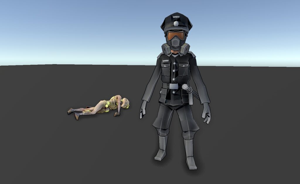 A Black Guard standing strong after successfully defeating a Rot, which is lying dead behind the Black Guard.