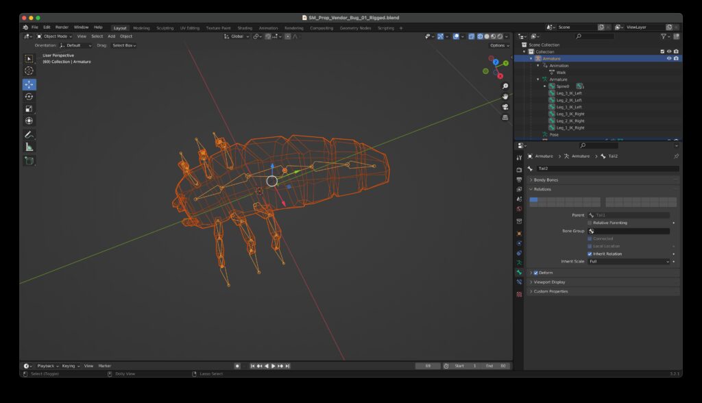 The Blender 3D modeling application showing a wireframe and animation rigging bones of a six-legged critter model.