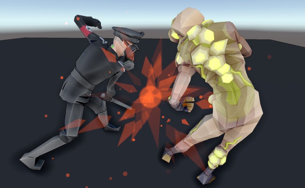 A Black Guard blowing his baton towards a Rot with full force, causing a heavy impact.