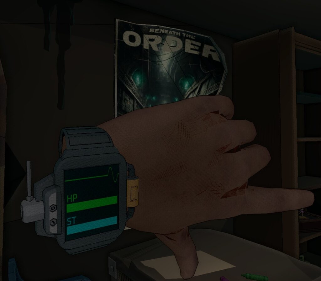 The VR player's hand turned so that a close up of the wristwatch display is visible. The display shows an ECG line and two bars for health and stamina values.