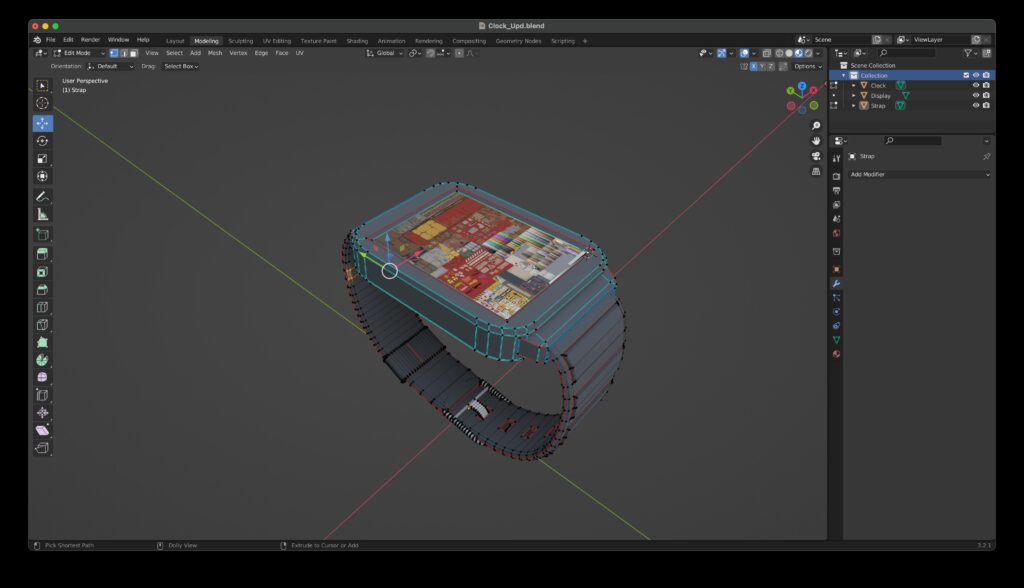 A screenshot of the Blender 3D modeling application with a wristwatch as the edited model shown as a shaded wireframe model.