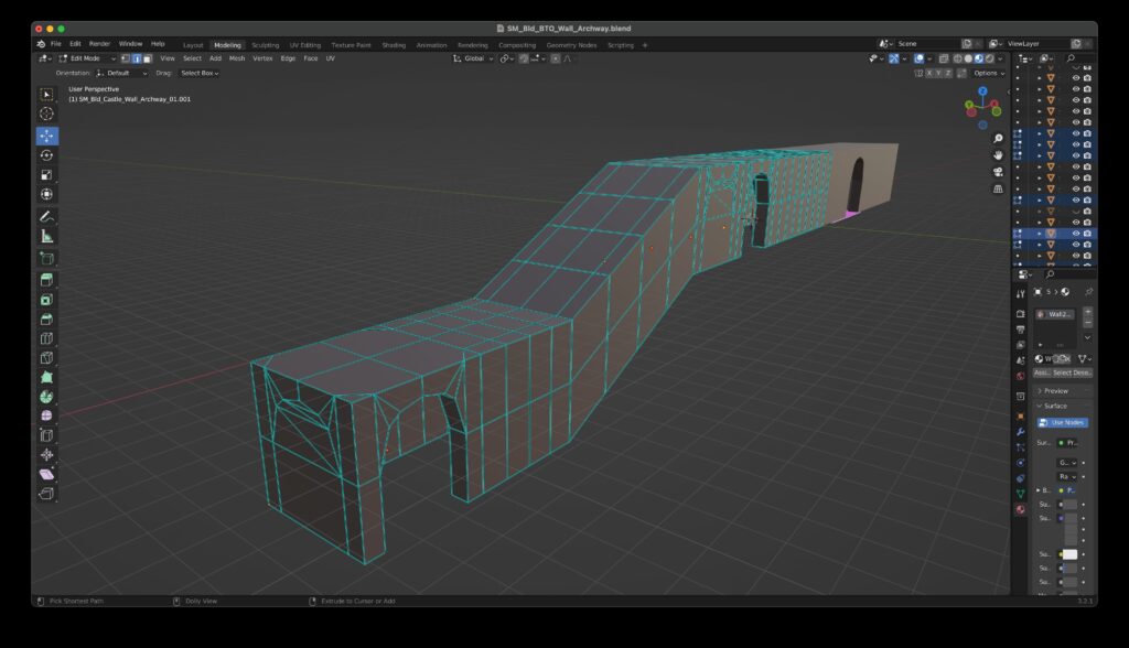 Several corridor segments as meshes in the 3D modeling software Blender.