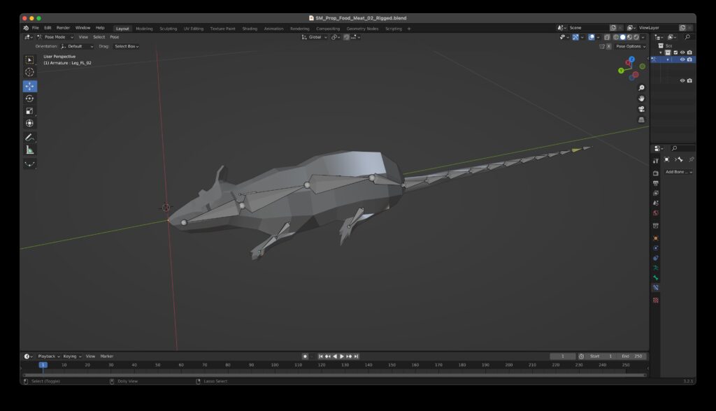 The Blender 3D editor window showing a low poly model of a rat, rigged with bones for head, spine, legs, and tail.